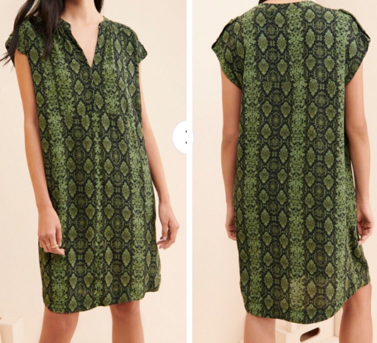 Anthropologie Rachel Tunic Dress Snake Print Green Black Mini Xs